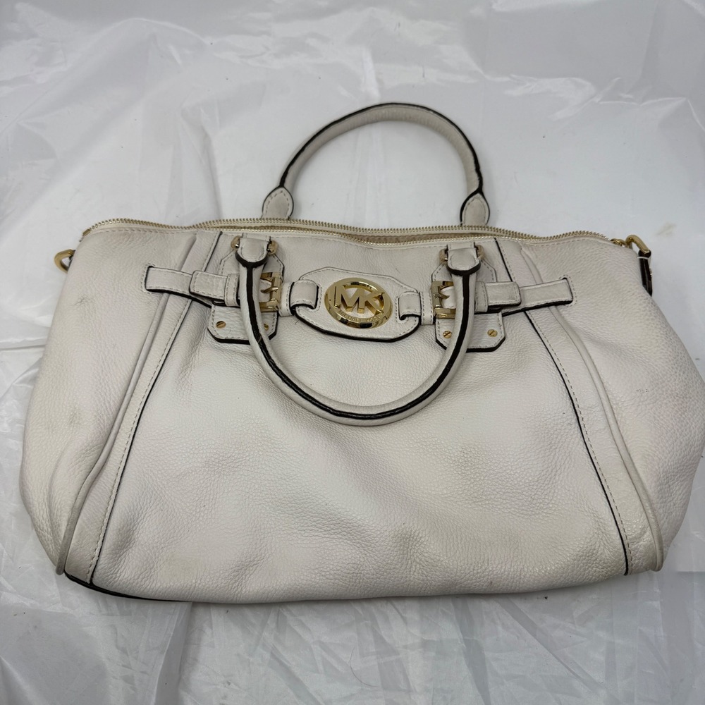 Michael Kors White Pebbled Leather Satchel Gold Hardware MK Logo Bag